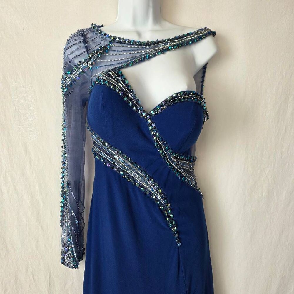 TONY BOWLS Blue Beaded One Shoulder Prom Gown - Picture 6 of 16